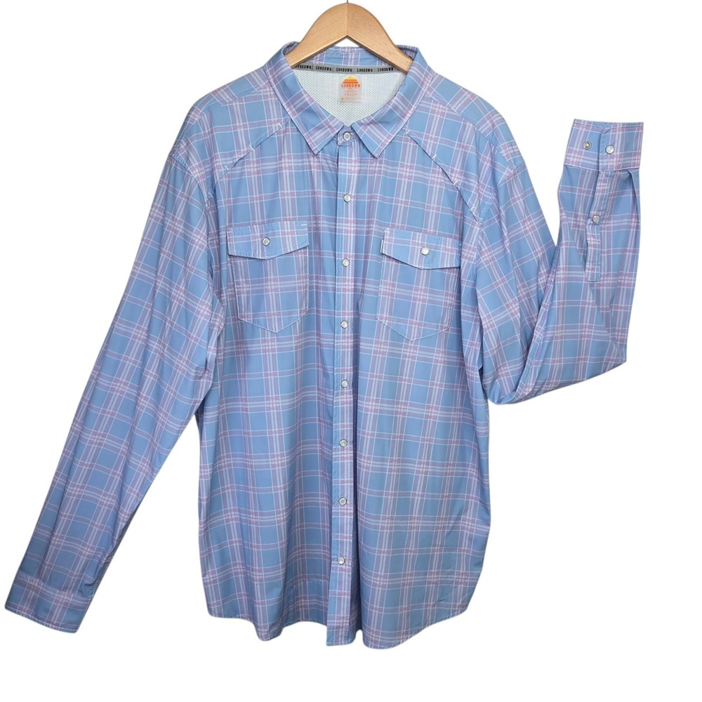 Sundown Men's Pearl Snap Blue Plaid Field Shirt‎ SZ XL Vented UPF 50+ Stretch